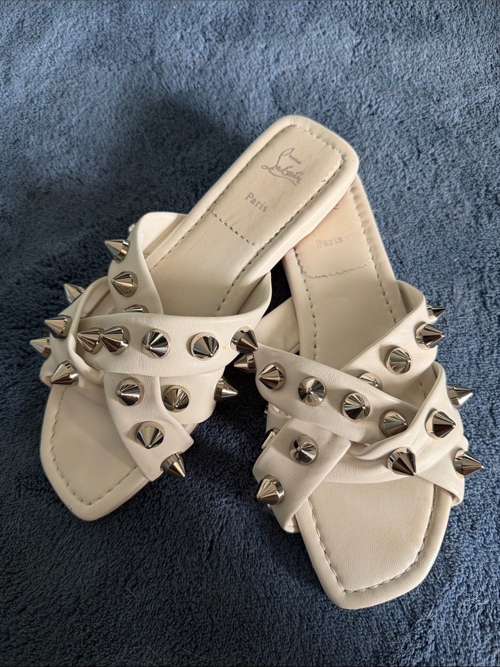 Christian Louboutin White Leather Spike-Embellished Slide Mules